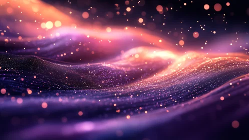 Digital painting of luminescent particle waves in motion space.