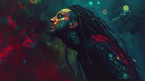 Neon-lit dreadlocked figure under cosmic storm glow.