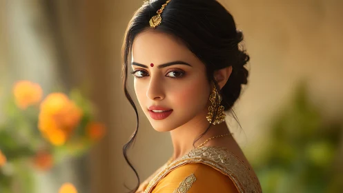 Elegant Indian woman in golden saree under soft daylight