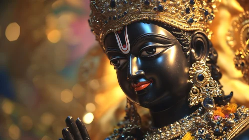 Close-up shows ornate black statue with detailed gold adornments