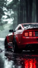 Red sports car waits in moody rain on reflective forest road