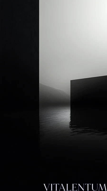 Monolithic silhouettes dividing mist over reflective water.