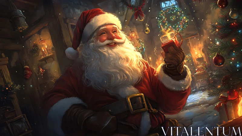 Santa admires a glowing present in a cozy Christmas workshop.