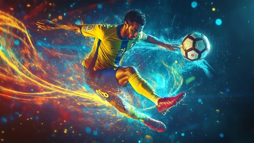 Dynamic soccer player in neon motion with glowing energy trails.