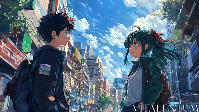 Urban street scene depicts two anime students facing each other