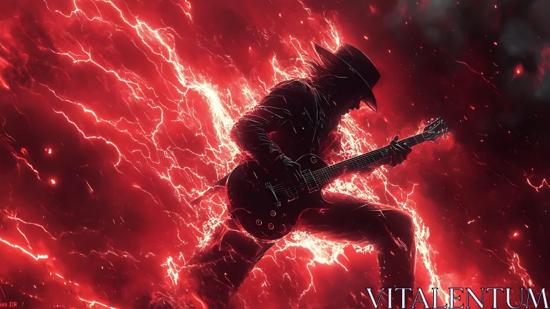 Silhouetted guitarist amid red electric energy field.