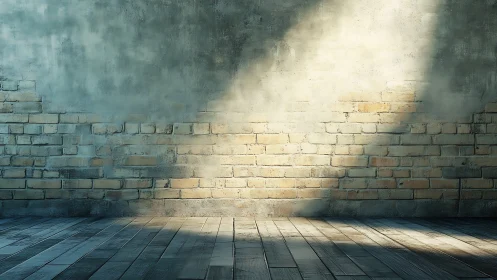 Sunlit brick wall and wooden floor in quiet urban hush.