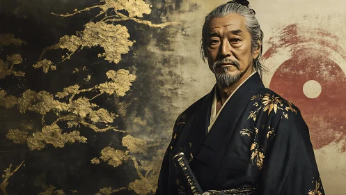 Elderly man in kimono stands before stylized gold and red panels