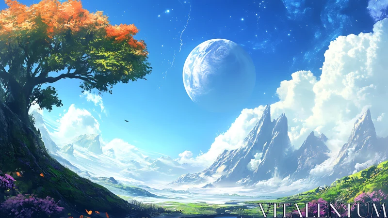Dreamy twin-world valley beneath a blazing crystal sky.