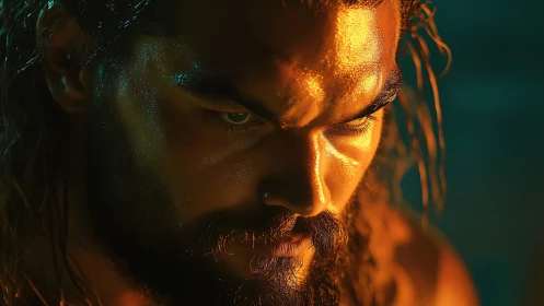 Cinematic close-up of intense male face in golden rim light.