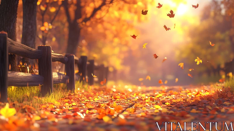 Golden autumn path with drifting leaves and warm backlight.