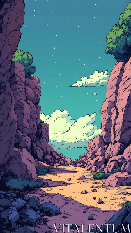 Starlit canyon trail under cotton clouds and quiet wonder.