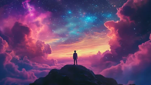 Silhouetted figure studies iridescent nebula sky at dusk.