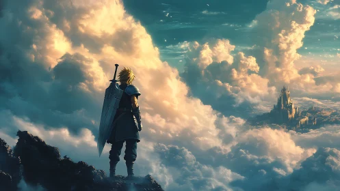 Lone sky warrior surveys sunlit clouds and distant citadel.