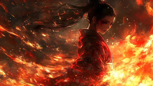Firelit warrior in flowing kimono amid swirling embers.