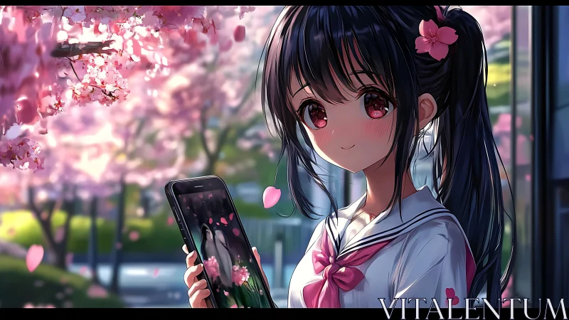 Springtime schoolgirl portrait under luminous cherry blossoms.