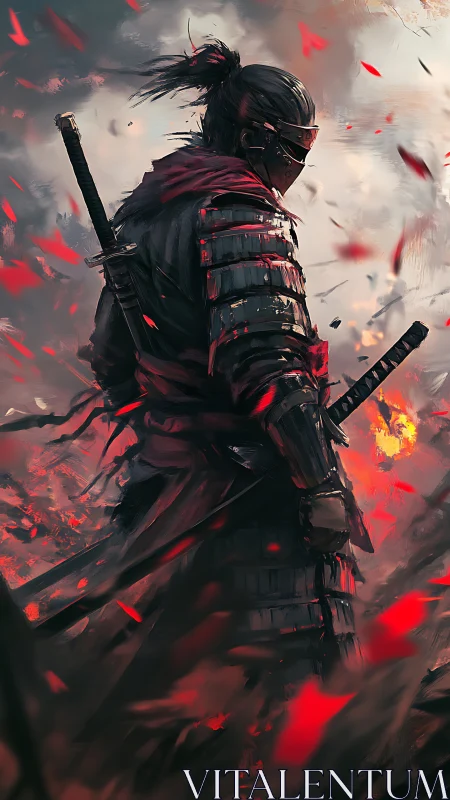 Ember-scarred samurai stalks through a storm of burning petals.