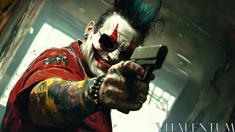 Punk clown gunman aims pistol in gritty urban corridor.