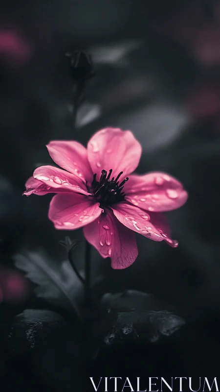 Velvet Blossom in Dewdrop Splendor: Moody Pink Flower.
