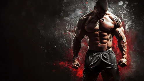 Ink-scarred titan poised in a storm of molten muscle.