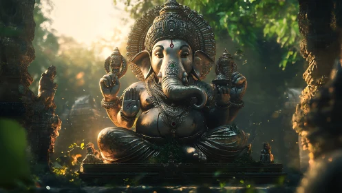 Sunlit forest shrine lets serene Ganesha glow through leaves