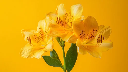 Yellow Alstroemeria Flowers Against Solid Gold Background.