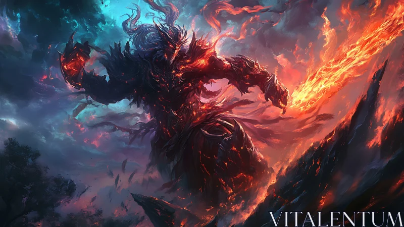 Infernal fire titan dominates storm-swept volcanic sky.