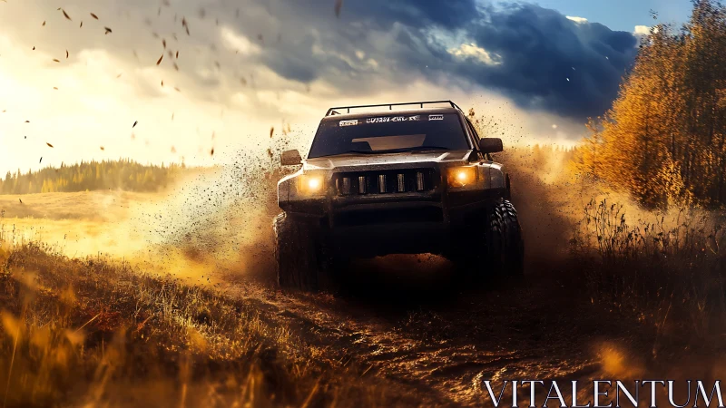 Off-road SUV charging through muddy trail at golden hour light