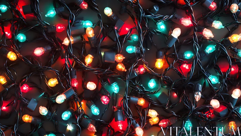 Tangled multicolor string lights on dark cable background.