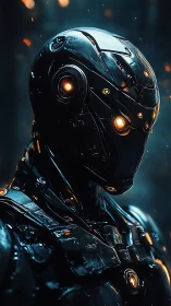 Luminous android guardian glowing softly in neon dusk.