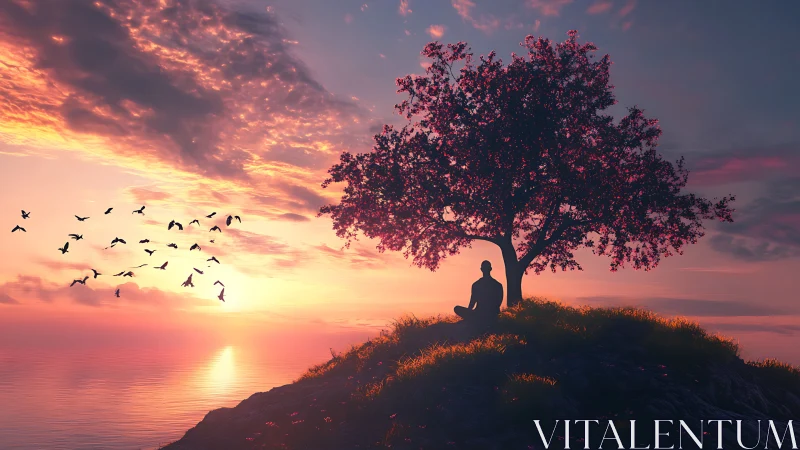 Sunset sage beneath blossom tree watching sky-borne freedom.