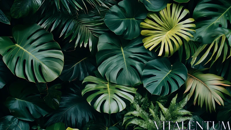 Tropical monstera foliage fills dense layered jungle frame
