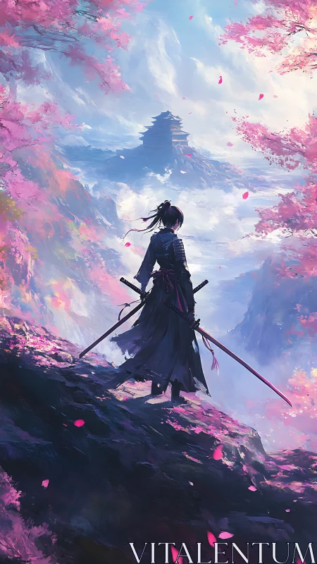 Samurai silhouette surveying mist-laden sakura valley vista.