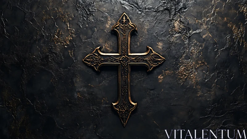 Weathered golden cross resting on dark stone wall.