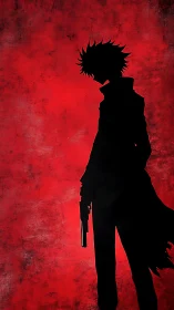 Silhouetted gunman in profile against distressed red backdrop