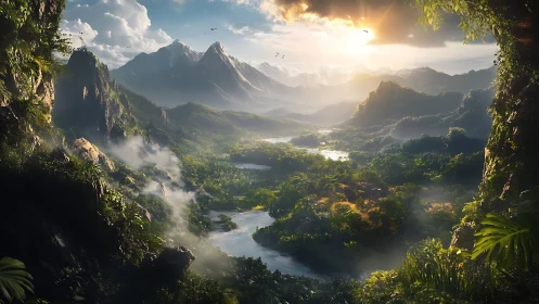 Sunlit jungle valley with misty river and mountainscape.