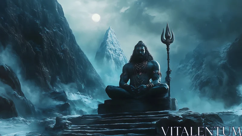 Moonlit mountain sage in stormlit meditation of frozen thunder.