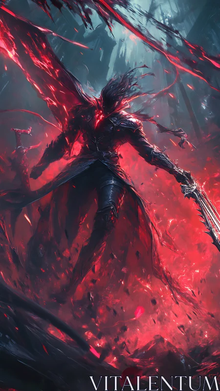 Armored figure amid red energy surge in dark environment.