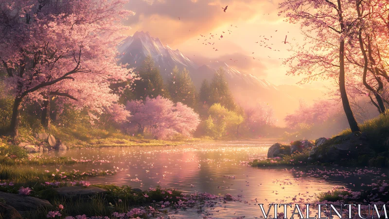Sunlit cherry blossom valley reflects softly on tranquil water.