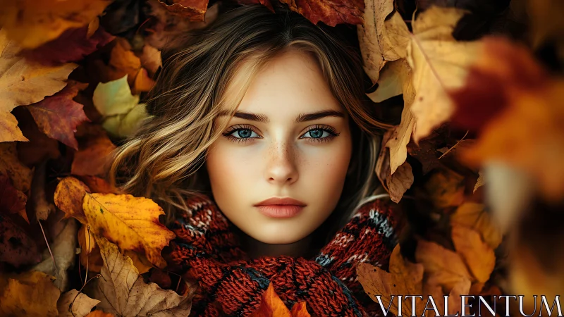 Portrait of serene young woman framed by golden autumn leaves