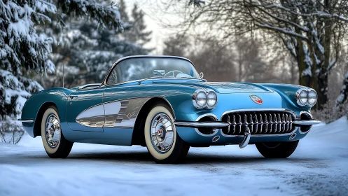 Vintage blue convertible stands on snow-covered forest road