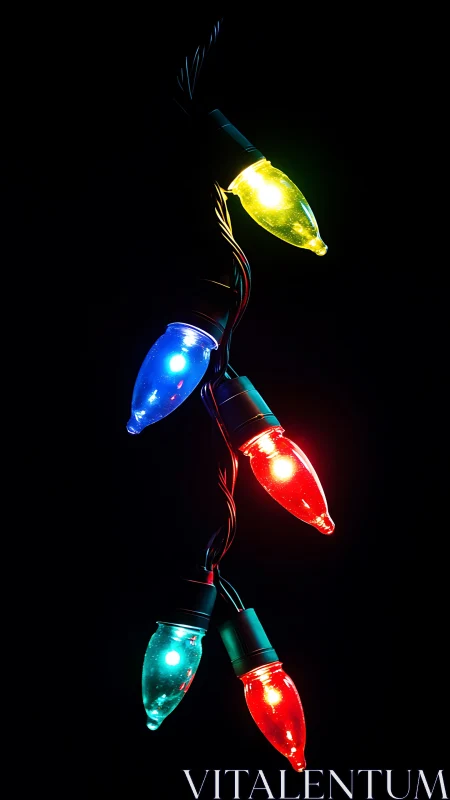 Colorful holiday string lights glow against deep black background.