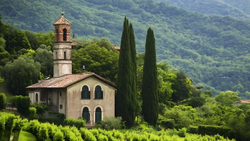 Rural bell tower and villa framed by cypress alignment in hills.