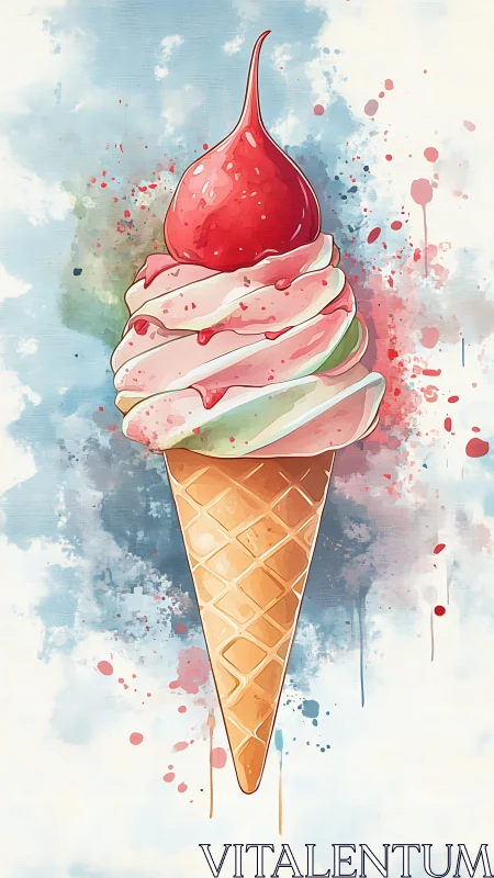 Sky-splashed strawberry swirl cone in watercolor daydream.