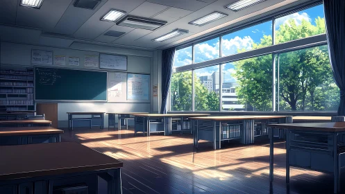 Sunlit empty classroom with wide windows and city view.