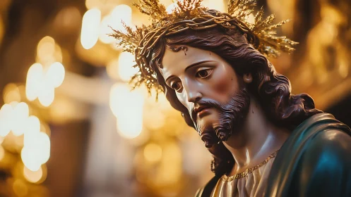 Sacred Christ statue with gilded crown amid warm bokeh light.