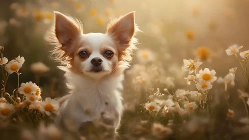 Long-haired Chihuahua sits in soft golden meadow light