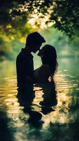 Silhouetted figures in water at golden hour.