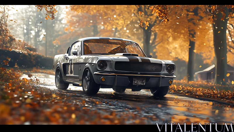 Classic muscle car cruising through golden autumn roads.