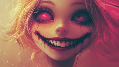 Glowing-eyed doll with sinister smile in neon haze portrait.